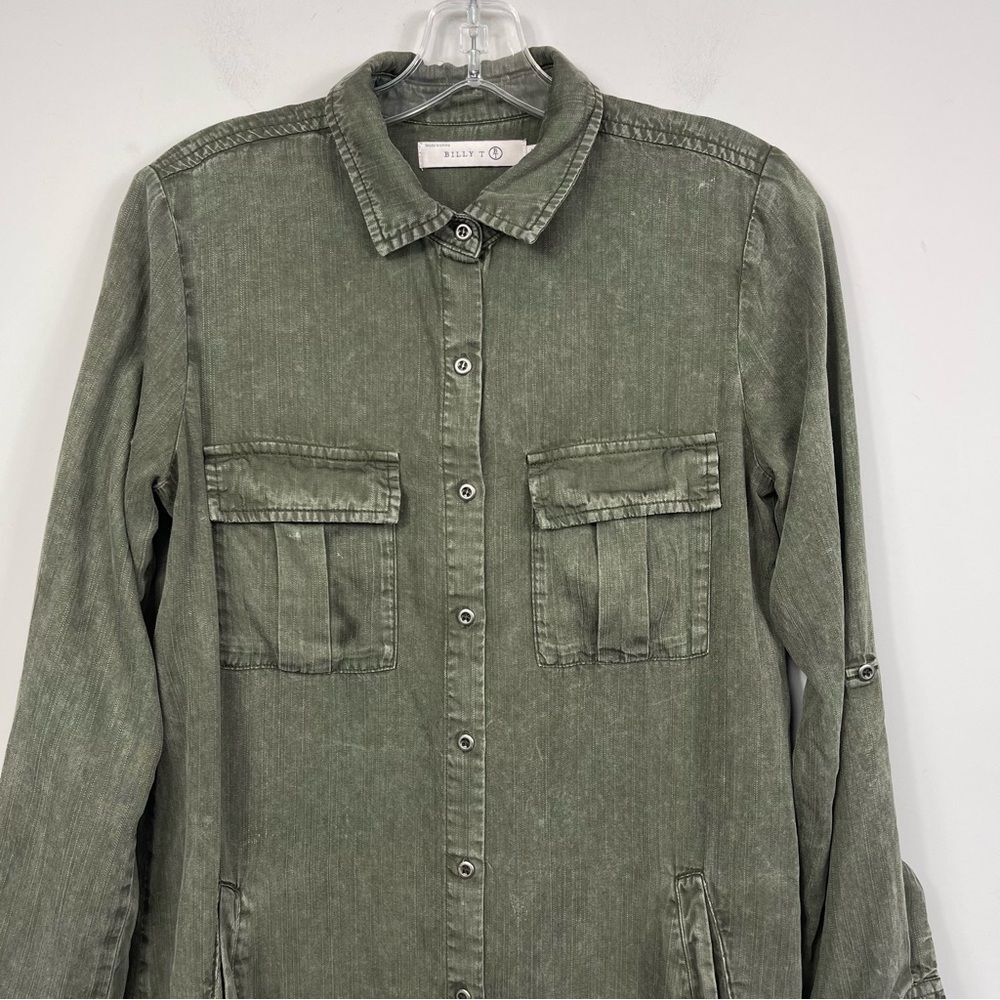Billy T Leeway Faded Chambray Shirt Dress XS Army Olive Green Utility Boho MIDI - Picture 5 of 16